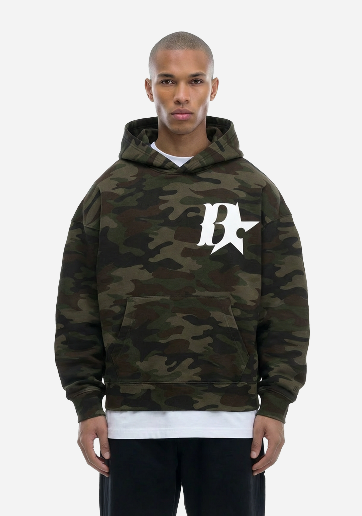 model wearing a camouflage hoodie with a logo on a white background