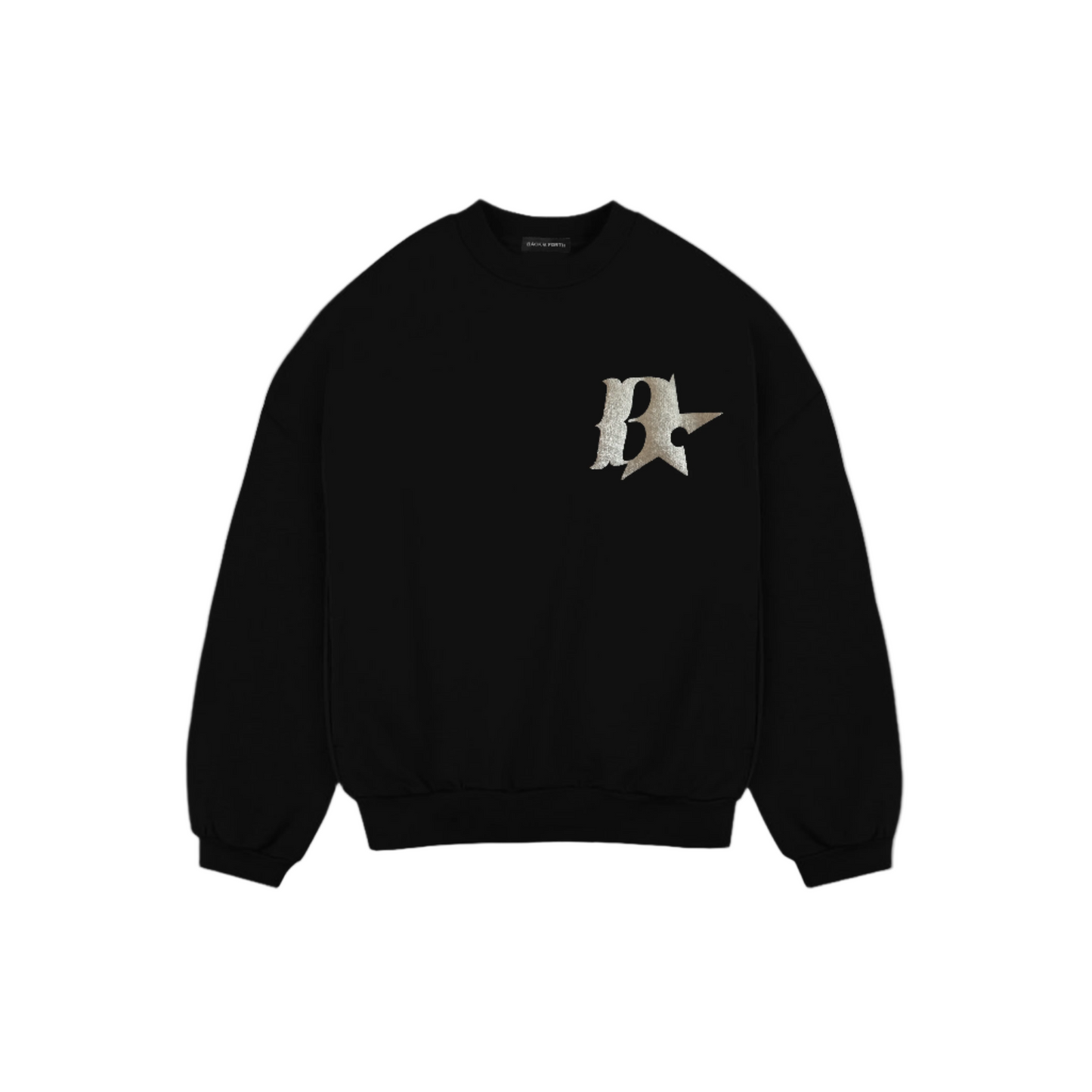 A black heavyweight oversized sweatshirt with a logo on the chest and back.