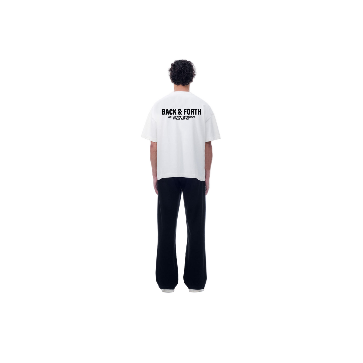white t-shirt with 'Back & Forth'logo on the back,
