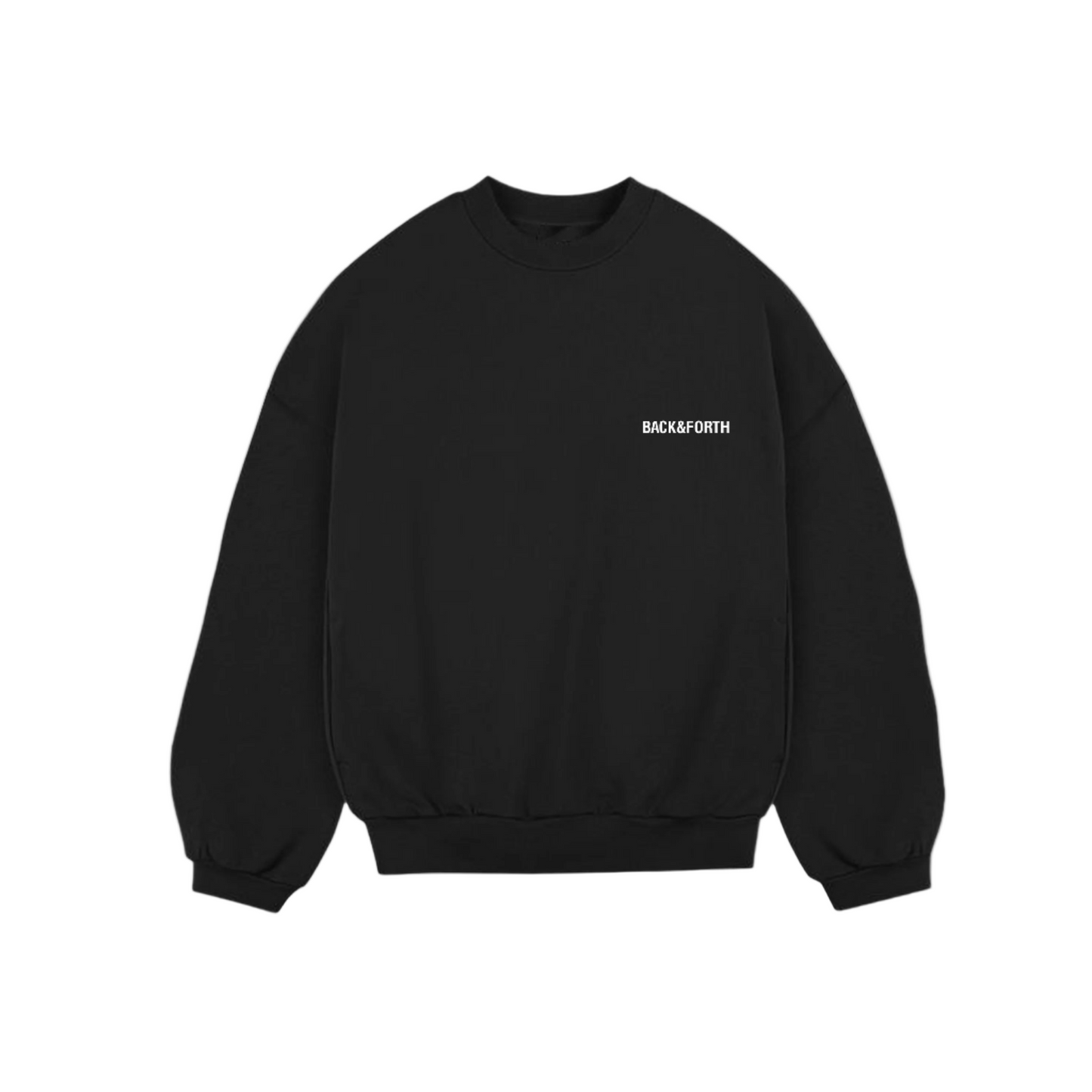 A black heavyweight oversized sweatshirt with a logo on the chest and back.