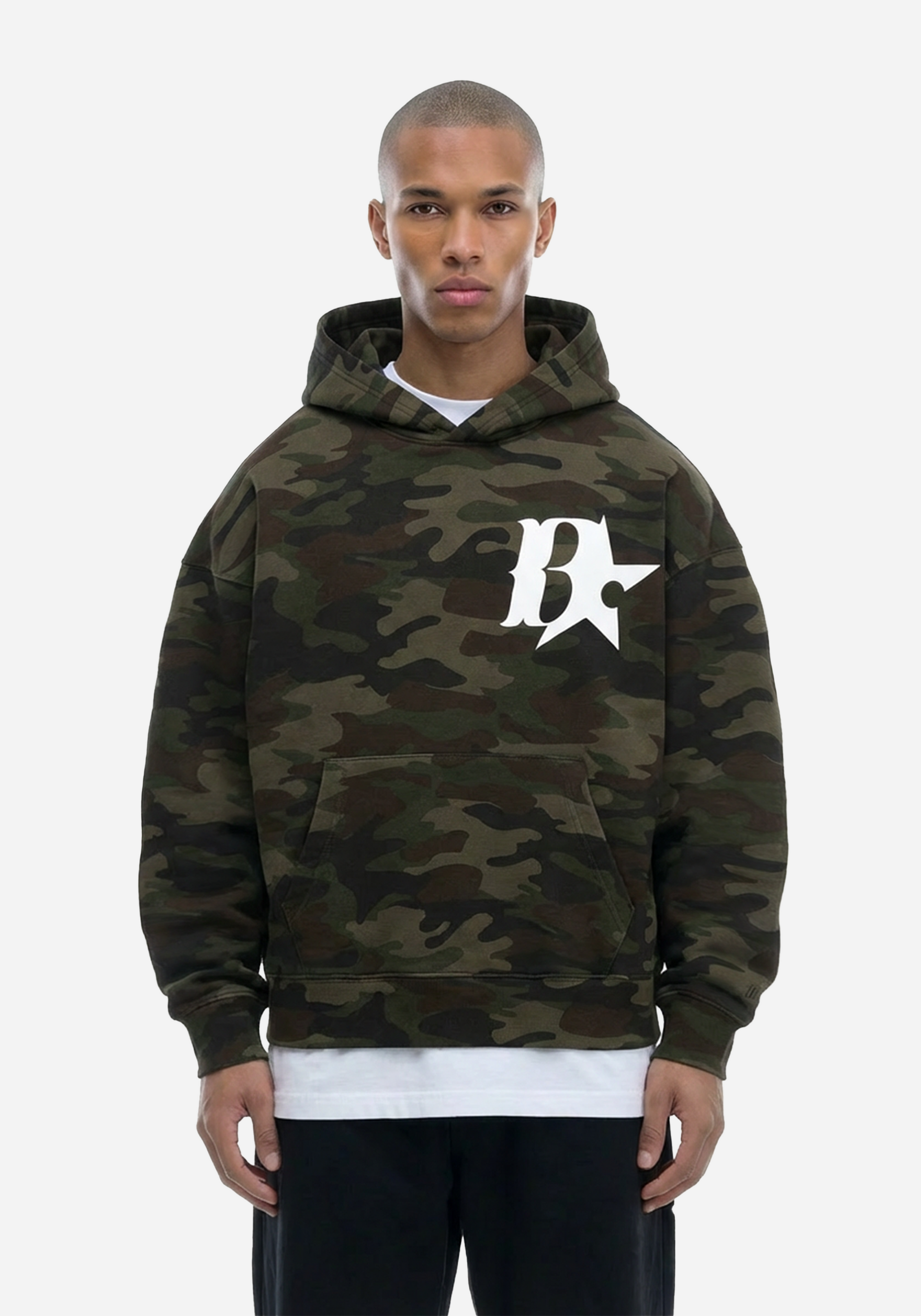 model wearing a camouflage hoodie with a logo on a white background
