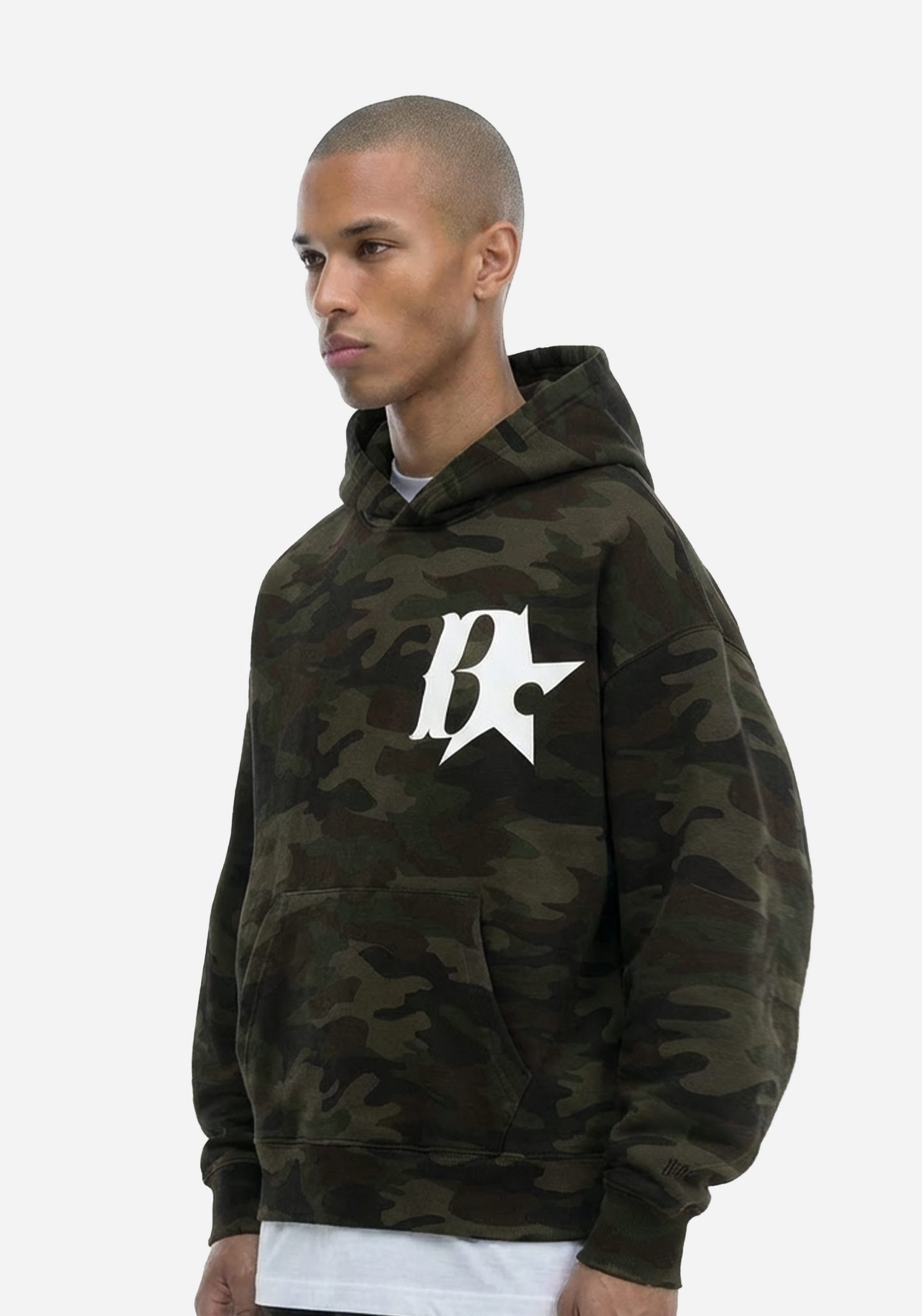 Man wearing a camouflage hoodie with a logo on a white background