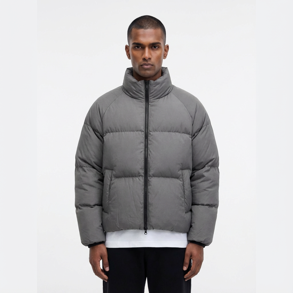 Model wearing grey puffer  Jacket